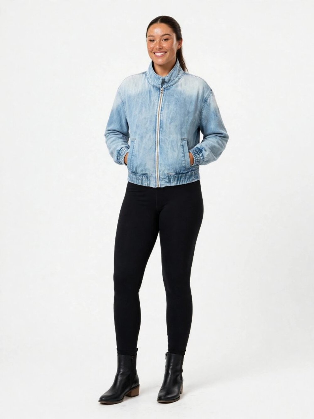 Kensie Jeans Light Wash Denim Bomber Jacket Zip L